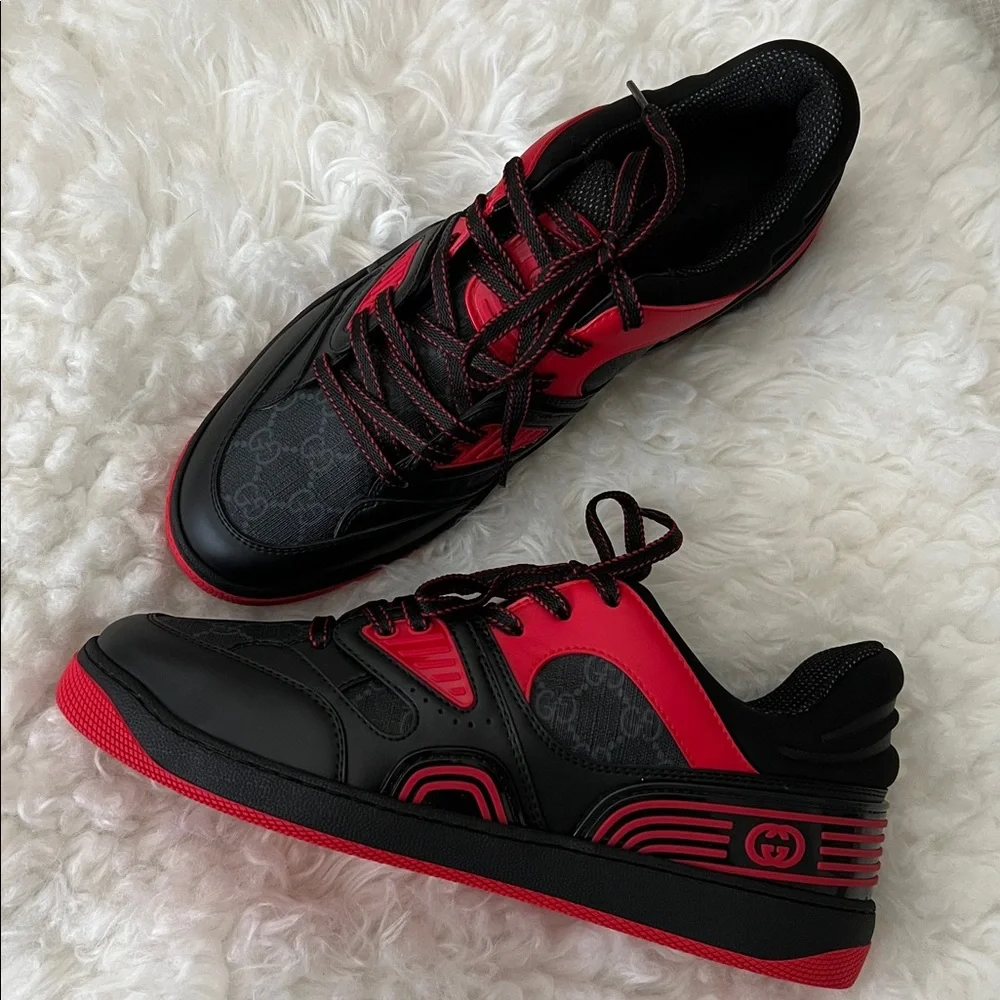Gucci Men’s Black Leather and GG supreme Canvas Low Top Sneakers Sz 10
